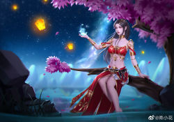 Rule 34 | 1girl, bare legs, barefoot, black hair, cai lin (doupo cangqiong), doupo cangqiong, falling leaves, glowing, hair ornament, highres, jewelry, lantern, leaf, long hair, looking to the side, navel, night, night sky, outstretched hand, red eyes, red skirt, red tube top, rock, skirt, sky, solo, star (sky), strapless, tube top, water, ye xiao hua