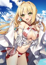 Rule 34 | 1girl, ahoge, bad id, bad pixiv id, bare shoulders, bead bracelet, beads, bikini, blonde hair, blue sky, blush, bracelet, braid, breasts, cleavage, clothes lift, cloud, cloudy sky, commentary, cowboy shot, day, fate/grand order, fate (series), french braid, gambe, green eyes, hair intakes, hair ribbon, halterneck, hands up, highres, jewelry, large breasts, leaning forward, long hair, looking at viewer, navel, nero claudius (fate), nero claudius (fate) (all), nero claudius (swimsuit caster) (fate), nero claudius (swimsuit caster) (third ascension) (fate), open mouth, outdoors, red bikini, revision, ribbon, see-through, side-tie bikini bottom, sidelocks, sky, smile, solo, striped bikini, striped clothes, swimsuit, teeth, tsurime, white ribbon