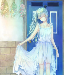 Rule 34 | 1girl, bad id, bad pixiv id, closed mouth, collarbone, day, dress, frilled dress, frills, green hair, half-closed eyes, highres, holding, holding clothes, holding dress, light smile, long hair, looking at viewer, one side up, original, outdoors, saijou haruki, smile, solo, standing, wavy hair, white dress, yellow eyes
