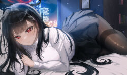 Rule 34 | 1girl, absurdres, black hair, black halo, black skirt, blue archive, blunt bangs, breasts, brown pantyhose, building, city, closed mouth, halo, highres, indoors, jasmin, large breasts, long hair, long sleeves, looking at viewer, lying, on stomach, pantyhose, red eyes, rio (blue archive), skirt, solo, sweater, white sweater, window