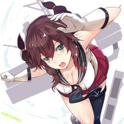 Rule 34 | 10s, 1girl, braid, breasts, brown hair, cleavage, gloves, green eyes, kantai collection, long hair, looking at viewer, noshiro (kancolle), open mouth, school uniform, skirt, solo, sts, thighs, tongue, wet