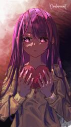 Rule 34 | 1girl, absurdres, artist name, blood drip, commentary, english commentary, heart, highres, holding, holding heart, hoshino ai (oshi no ko), long hair, numberiiv, off-shoulder sweater, off shoulder, oshi no ko, parted lips, purple eyes, purple hair, sidelocks, solo, star-shaped pupils, star (symbol), sweater, symbol-shaped pupils, yellow sweater