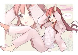 Rule 34 | 1girl, 2023, absurdres, animal print, barefoot, blush, border, brown eyes, commentary request, happy new year, highres, long hair, long sleeves, new year, open mouth, original, outside border, pajamas, pink pajamas, rabbit pose, rabbit print, rabbit tail, red hair, shirt, sidelocks, solo, tail, tongue, tongue out, toru nagase, white border, white shirt