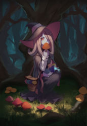 Rule 34 | 10s, 1girl, bag, cloak, doren, dress, forest, hair over one eye, hat, highres, little witch academia, long hair, mushroom, nature, pink hair, red eyes, satchel, solo, sucy manbavaran, tree, witch, witch hat