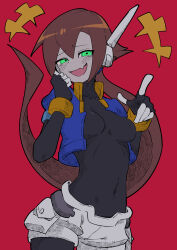 Rule 34 | 1girl, absurdres, aile (mega man zx), black bodysuit, blue jacket, bodysuit, breasts, brown hair, buzzlyears, cropped jacket, fang, glowing, glowing eyes, green eyes, highres, jacket, long hair, looking at viewer, medium breasts, mega man (series), mega man zx, mega man zx advent, open clothes, open jacket, ponytail, red background, robot ears, skin fang, smug, solo