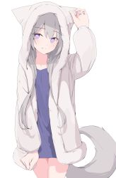 1girl absurdres animal_hood flat_chest fox_girl fox_tail highres hood hood_up hoodie long_hair long_sleeves looking_at_viewer mikisai no_pants open_clothes open_hoodie original purple_eyes shirt silver_hair tail