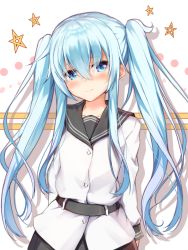 Rule 34 | 10s, 1girl, arm behind back, black skirt, blue eyes, blue hair, blush, closed mouth, crossed bangs, hair between eyes, hibiki (kancolle), kantai collection, long hair, looking at viewer, sailor collar, skirt, smile, solo, star (symbol), starry background, twintails, upper body, verniy (kancolle), very long hair, white background, yu-yuuki