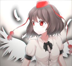 Rule 34 | 1girl, bad deviantart id, bad id, bow, brown hair, chromatic aberration, disco brando, feathers, hat, looking to the side, outline, puffy short sleeves, puffy sleeves, red eyes, shameimaru aya, shirt, short hair, short sleeves, smile, solo, tokin hat, touhou, upper body, white shirt, wings
