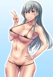 Rule 34 | &gt;:), 10s, 1girl, absurdres, alternate costume, aqua hair, armpits, bare arms, bare shoulders, bikini, black bikini, blush, breasts, cleavage, collarbone, commentary request, cowboy shot, covered erect nipples, green eyes, grin, groin, hair between eyes, hair ornament, hairclip, halterneck, halterneck, hand on own hip, highres, kantai collection, large breasts, long hair, looking at viewer, matsunaga garana, micro bikini, navel, smile, solo, stomach, suzuya (kancolle), swimsuit, v, v-shaped eyebrows