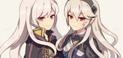 Rule 34 | 2girls, armor, cape, character name, corrin (female) (fire emblem), corrin (fire emblem), fire emblem, fire emblem awakening, fire emblem fates, hairband, long hair, looking at viewer, multiple girls, nintendo, pointy ears, red eyes, robe, robin (female) (fire emblem), robin (fire emblem), smile, super smash bros., twintails, white hair, wusagi2
