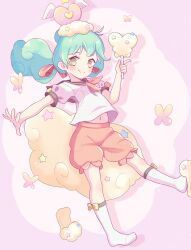 Rule 34 | 1girl, bow legwear, brown eyes, bug, butterfly, closed mouth, cloud hair ornament, cotton candy, drop shadow, elisa (puyopuyo), eyelashes, full body, green hair, heart, highres, insect, jazz grace, looking at viewer, navel, neckerchief, orange neckerchief, orange shorts, outstretched arm, pink background, puffy shorts, puyopuyo, puyopuyo quest, shirt, short sleeves, shorts, slippers, smile, socks, twintails, white shirt, white socks, winged heart
