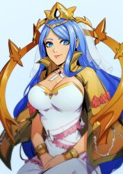 Rule 34 | 1girl, blue eyes, blue hair, bracelet, breasts, bridal veil, cleavage, crown, diadem, dress, eightyfourart, fire emblem, fire emblem engage, flower, hands on lap, headdress, highres, jewelry, large breasts, light smile, long hair, looking at viewer, lumera (fire emblem), nintendo, pale skin, shawl, simple background, sitting, smile, veil, very long hair, white background, white dress, wrist cuffs