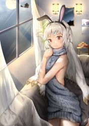 Rule 34 | 1girl, altera (fate), alternate costume, animal ears, bad id, bad pixiv id, bare arms, bare shoulders, blunt bangs, blush, calendar (object), closed mouth, cloud, commentary, curtains, dark-skinned female, dark skin, fate/grand order, fate (series), food, full moon, headdress, highres, house, indoors, lamp, looking at viewer, meme attire, moon, naked sweater, night, painting (object), plant, plate, rabbit ears, red eyes, short hair, sitting, smile, solo, sweater, table, tan, veil, virgin killer sweater, white hair, window, yuuki mix