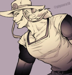 Rule 34 | 1boy, chin, cigarette, commentary request, cowboy hat, giga omega, greyscale, hat, hol horse, jojo no kimyou na bouken, long hair, male focus, monochrome, mouth hold, sepia, solo, stardust crusaders, twitter username, upper body