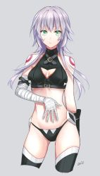 Rule 34 | 1girl, alternate hair length, alternate hairstyle, bandages, bare shoulders, black panties, black thighhighs, breasts, cleavage, cleavage cutout, clothing cutout, commentary request, cowboy shot, fate/apocrypha, fate/grand order, fate (series), green eyes, jack the ripper (fate/apocrypha), long hair, medium breasts, navel, aged up, orii (orii i), panties, scar, short hair, solo, thighhighs, underwear, white hair