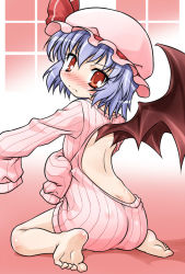Rule 34 | 1girl, akou roushi, alternate costume, ass, back, backless outfit, bare back, bare legs, barefoot, bat wings, blue hair, blush, bottomless, child, fang, feet, female focus, hat, looking back, naked sweater, no pants, oversized clothes, red eyes, remilia scarlet, revision, ribbed sweater, short hair, sitting, soles, solo, sweater, toes, touhou, wariza, wings
