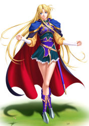 Rule 34 | 1girl, armor, armored dress, belt, blonde hair, blue eyes, blush, boots, breastplate, cape, crossed legs, dress, female focus, fingernails, floating hair, flower, full body, head tilt, legs, long hair, looking at viewer, parted lips, shadow, sharon, short dress, simple background, sleeves past wrists, solo, standing, sword, takatan, thigh gap, very long hair, weapon, white background, words worth