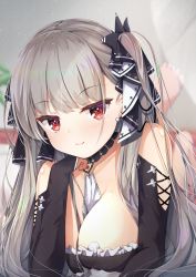 Rule 34 | 1girl, azur lane, bare shoulders, barefoot, between breasts, black bow, black dress, black ribbon, blurry, blush, bow, breasts, cleavage, closed mouth, collarbone, commentary request, depth of field, detached collar, dress, earrings, formidable (azur lane), frilled dress, frills, grey hair, hair bow, hair ribbon, head rest, highres, jewelry, large breasts, long hair, long sleeves, looking at viewer, lying, madotsukumo, on stomach, red eyes, ribbon, smile, soles, solo, twintails, two-tone ribbon, white ribbon