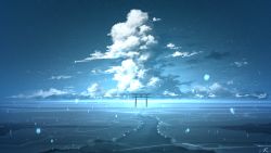 Rule 34 | blue sky, blue theme, cloud, cumulonimbus cloud, highres, light, no humans, original, rune xiao, scenery, sky, star (sky), starry sky, torii