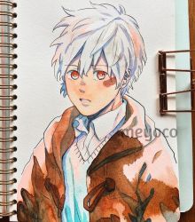 Rule 34 | 1boy, artist name, bad id, bad instagram id, coat, collared shirt, hair between eyes, highres, jacket, looking at viewer, male focus, meyoco, no.6, parted lips, photo (medium), red eyes, shion (no.6), shirt, short hair, simple background, solo, traditional media, watermark, white background, white hair, white shirt