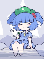 Rule 34 | 1girl, :t, barefoot, blue hair, blunt bangs, chahan (fried rice0614), chibi, closed eyes, cucumber, eating, hair bobbles, hair ornament, hat, highres, kawashiro nitori, one-hour drawing challenge, sitting, solo, string, touhou, two side up, wavy mouth