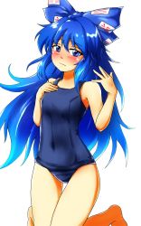 Rule 34 | 1girl, blue bow, blue eyes, blue hair, blue one-piece swimsuit, blush, bow, breasts, d-m (dii emu), hair bow, highres, long hair, looking at viewer, one-piece swimsuit, school swimsuit, simple background, small breasts, smile, solo, swimsuit, touhou, white background, yorigami shion