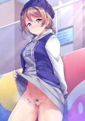 Rule 34 | 1girl, against wall, arm behind back, bar censor, beanie, blue eyes, blue jacket, blush, breasts, brown hair, casual, censored, closed mouth, clothes lift, clothes writing, cowboy shot, day, drawstring, exhibitionism, female pubic hair, frown, grey hoodie, hat, highres, hood, hood down, hoodie, hoodie lift, jacket, kanabun, lifting own clothes, long sleeves, looking at viewer, love live!, love live! sunshine!!, medium breasts, midriff peek, no panties, open clothes, open jacket, outdoors, pubic hair, public indecency, purple hat, pussy, pussy juice, short hair, short twintails, solo, swept bangs, twintails, unbuttoned, watanabe you, white sleeves