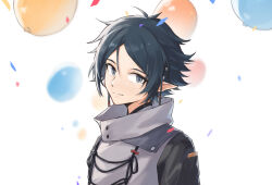 Rule 34 | 1boy, arknights, balloon, black sleeves, blurry, closed mouth, commentary, confetti, earrings, grey eyes, grey hair, high collar, highres, jacket, jewelry, light smile, looking at viewer, male focus, pointy ears, short hair, solo, symbol-only commentary, upper body, white background, white jacket, xia bao (wulalala), zuo le (arknights)