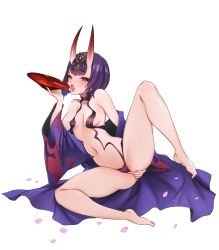 Rule 34 | 1girl, bare shoulders, barefoot, breasts, fate/grand order, fate (series), full body, headpiece, highres, horns, japanese clothes, legs, looking at viewer, matching hair/eyes, navel, open mouth, purple eyes, purple hair, short hair, shuten douji (fate), simple background, sitting, small breasts, solo, spread legs, thick eyebrows, toes, tongue, tongue out, toriseru (rare stone), white background