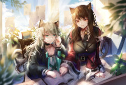 Rule 34 | 2girls, :d, absurdres, adjusting eyewear, animal ears, arknights, bad id, bad pixiv id, bespectacled, black choker, black jacket, book, breasts, brown eyes, brown hair, cat ears, choker, commentary request, glasses, green eyes, green nails, hand up, highres, infection monitor (arknights), jacket, large breasts, long hair, long sleeves, mint (arknights), multiple girls, nail polish, open mouth, plant, red jacket, revision, silver hair, skyfire (arknights), smile, takano jiyuu, upper body, wide sleeves