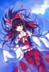 Rule 34 | 1girl, afloat, blue sky, bow, brown eyes, brown hair, cloud, floating, floating hair, from above, hair bow, hair tubes, hakurei reimu, hand on own stomach, highres, long hair, long sleeves, meng xiao jiong, neckerchief, partially submerged, petals, reflection, shirt, skirt, skirt set, sky, smile, solo, touhou, water, wide sleeves