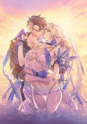 Rule 34 | 1boy, 1girl, bikini, breasts, brynhildr (fate), brynhildr (swimsuit berserker) (fate), brynhildr (swimsuit berserker) (first ascension) (fate), closed eyes, fate/grand order, fate (series), glasses, hug, imminent kiss, krab (fumekrab), long hair, manly, multicolored hair, ocean, sigurd (fate), sigurd (memories with my lover) (fate), swimsuit, twilight, twitter username, two-tone hair, very long hair, wading
