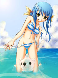 Rule 34 | 1girl, bikini, blue bikini, blue hair, breasts, cloud, day, female focus, hair ribbon, kneeling, ocean, outdoors, ribbon, sky, small breasts, smile, solo, striped bikini, striped clothes, submerged, swimsuit, twintails, undressing, yellow eyes