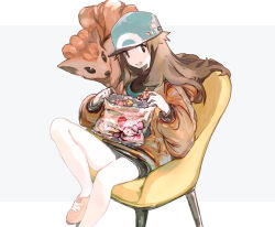 Rule 34 | 1girl, alternate costume, bag, bare legs, brown hair, candy, candy wrapper, chair, commentary, creatures (company), game freak, gen 1 pokemon, green headwear, green shirt, hair flaps, hat, jacket, leaf (pokemon), lillin, long hair, long sleeves, nintendo, open mouth, orange jacket, pikachu, pink footwear, pokemon, pokemon (creature), pokemon frlg, shirt, shoes, simple background, sitting, skirt, smile, vulpix, white background, wrapped candy
