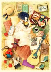 Rule 34 | 1girl, ankle boots, apple, bacon, bad id, bad pixiv id, bag, banana, basket, black hair, bob cut, book, boots, bouquet, broom, brown footwear, carton, closed mouth, coffee, coffee cup, collared shirt, commentary request, croissant, cross-laced footwear, cup, disposable cup, egg (food), envelope, closed eyes, flower, food, fork, fried egg, from above, from side, fruit, frying pan, grapes, grass, green footwear, guitar, hat, unworn hat, unworn headwear, high heels, instrument, knife, lace-up boots, lemon, long skirt, long sleeves, lying, newspaper, on grass, on side, original, outdoors, picnic, pillow, radio, red skirt, shirt, shoes, short hair, skirt, sleeping, smile, solo, somemachi, straw hat, stuffed animal, stuffed toy, sun hat, teapot, teddy bear, tomato, white shirt, yellow flower