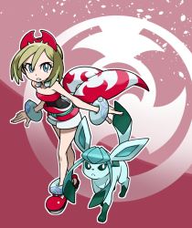 Rule 34 | 1girl, anklet, blonde hair, blue eyes, bracelet, commentary request, creatures (company), eyelashes, game freak, gen 4 pokemon, glaceon, hat, irida (pokemon), jewelry, looking at viewer, mabu (dorisuto), neck ring, nintendo, parted lips, pokemon, pokemon (creature), pokemon legends: arceus, red footwear, red headwear, red shirt, sash, shirt, shoes, short hair, shorts, strapless, strapless shirt, white shorts