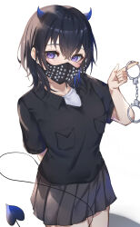 Rule 34 | 1girl, absurdres, black hair, black shirt, black skirt, blush, breast pocket, collared shirt, commentary, cowboy, cross piercing, cuffs, demon horns, demon tail, ear piercing, hair between eyes, handcuffs, highres, holding, holding handcuffs, horns, ichinose uruha, looking at viewer, mask, mouth mask, piercing, pleated skirt, pocket, purple eyes, ringozeri, shirt, short sleeves, simple background, skirt, solo, studded mask, tail, virtual youtuber, vspo!, western, white background, white shirt