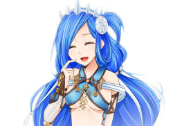 Rule 34 | 1girl, :d, arm strap, asymmetrical sleeves, blue hair, breasts, cleavage, closed eyes, dana (ys), diadem, falcom, finger to mouth, hair ornament, hair ribbon, index finger raised, long hair, medium breasts, open mouth, oto falcom, parted bangs, ribbon, simple background, single sleeve, smile, solo, twintails, underboob, uneven sleeves, upper body, very long hair, white background, white ribbon, wing collar, ys, ys viii lacrimosa of dana