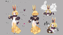 Rule 34 | 3girls, animal ears, back, backless dress, backless outfit, black footwear, blonde hair, bowl, bright pupils, character sheet, chopsticks, crown, disgaea, disgaea rpg, dress, drink, eating, food, formal, full body, fur cuffs, fur trim, grey background, hair ornament, highres, hobble dress, holding, holding chopsticks, holding drink, jitome, multiple girls, multiple views, non-web source, noodles, official art, open mouth, outstretched arms, photoshop (medium), pink eyes, rabbit ears, rabbit hair ornament, rabbit tail, ramen, short hair, simple background, sleeveless, sleeveless dress, smile, solo focus, spread arms, standing, tail, text focus, turnaround, usalia (disgaea)
