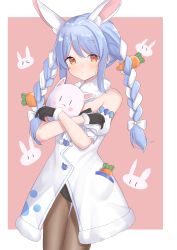 Rule 34 | 1girl, :/, absurdres, animal ear fluff, animal ears, bare shoulders, black gloves, black leotard, blue hair, blush, blush stickers, border, bow, bra, braid, brown pantyhose, carrot, carrot hair ornament, closed mouth, commentary request, cowboy shot, crossed wrists, detached sleeves, dress, extra ears, food-themed hair ornament, fur scarf, fur trim, gloves, hair bow, hair ornament, highres, hololive, leotard, long hair, looking at viewer, multicolored hair, orange eyes, outside border, pantyhose, pink background, pom pom (clothes), puffy short sleeves, puffy sleeves, rabbit background, rabbit ears, rabbit girl, short sleeves, sidelocks, silver hair, simple background, solo, standing, twin braids, twintails, two-tone hair, underwear, usada pekora, usada pekora (1st costume), virtual youtuber, white border, white bow, white dress, yuuna (vhux2273)