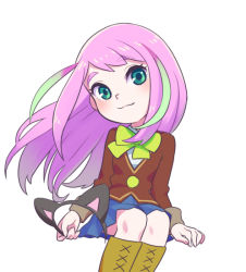 Rule 34 | 10s, 1girl, animal ears, bad id, bad pixiv id, boots, cat ears, cat tail, cross-laced footwear, fake animal ears, hashimoto nyaa, knee boots, lace-up boots, mayu ueki, multicolored hair, osomatsu-san, pink hair, ribbon, school uniform, simple background, sitting, skirt, smile, solo, streaked hair, tail, white background