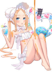 Rule 34 | 1girl, abigail williams (fate), abigail williams (swimsuit foreigner) (fate), absurdres, ball, bare shoulders, barefoot, beachball, bikini, black cat, blonde hair, blue eyes, blush, bonnet, bow, breasts, cat, cup, fate/grand order, fate (series), feet, forehead, gurina, hair bow, highres, innertube, knees up, legs, long hair, looking at viewer, miniskirt, open mouth, parted bangs, pouring, sidelocks, simple background, sitting, skirt, small breasts, solo, swim ring, swimsuit, syrup, twintails, very long hair, white background, white bikini, white bow, white headwear
