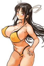 Rule 34 | 10s, 1girl, bikini, black hair, blush, breasts, cleavage, collarbone, covered erect nipples, curvy, hair ribbon, hands on own hips, hiyou (kancolle), huge breasts, kantai collection, long hair, looking at viewer, navel, perky breasts, red eyes, ribbon, sachito, simple background, solo, standing, strap gap, swimsuit, underboob, white background, white ribbon, yellow bikini