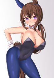 Rule 34 | absurdres, admire vega (umamusume), animal ears, black leotard, blue pantyhose, breasts, brown hair, cowboy shot, detached collar, gloves, highres, horse ears, horse girl, horse tail, large breasts, leaning forward, leotard, long hair, looking at viewer, nontraditional playboy bunny, pantyhose, purple eyes, simple background, strapless, strapless leotard, tail, tf cafe, umamusume, white background, white gloves
