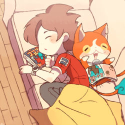 Rule 34 | 10s, 1boy, amano keita, blanket, brown hair, cat, chiyoko (oman1229), couch, closed eyes, flame-tipped tail, from above, indoors, jibanyan, lying, multiple tails, notched ear, on back, on side, open mouth, red shirt, shirt, short hair, sleeping, tail, two tails, watch, wooden floor, traditional youkai, youkai watch, youkai watch (object)