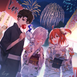 2boys 2girls ahoge black_hair black_kimono candy_apple command_spell creature creature_on_shoulder eating fate/grand_order fate_(series) festival fireworks floral_print food fou_(fate) fujimaru_ritsuka_(female) fujimaru_ritsuka_(male) grey_hair hair_between_eyes hair_ornament hair_over_one_eye hair_scrunchie hiiragi_(karashriker) holding japanese_clothes kadoc_zemlupus kimono looking_at_viewer mash_kyrielight mask mask_on_head multiple_boys multiple_girls obi on_shoulder one_side_up open_mouth orange_eyes orange_hair pink_kimono pointing print_kimono purple_hair sash scrunchie short_hair side_ponytail smile summer_festival v white_hair yellow_eyes yukata