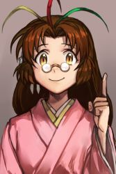 Rule 34 | 1girl, antenna hair, brown eyes, brown hair, character request, closed mouth, glasses, hand up, hungry clicker, index finger raised, japanese clothes, kimono, long hair, long sleeves, looking at viewer, multicolored hair, ore no shikabane wo koete yuke, parted bangs, pince-nez, pink kimono, purple background, round eyewear, simple background, smile, solo, streaked hair, wide sleeves