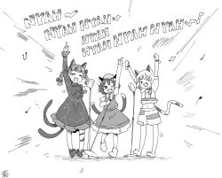 Rule 34 | &gt; &lt;, 3girls, :3, :d, ^ ^, animal ears, arm up, arms up, barefoot, beamed eighth notes, bell, bow, braid, cat ears, cat tail, chen, closed eyes, dress, fang, footwear bow, full body, goutokuji mike, greyscale, hair bow, index finger raised, kaenbyou rin, long sleeves, looking at viewer, medium hair, microphone, microphone stand, monochrome, multiple girls, multiple tails, music, musical note, navel, neck bell, nekomata, one eye closed, open mouth, quarter note, shirt, short hair, short sleeves, shorts, side braids, signature, simple background, singing, smile, standing, tail, tanasuke, touhou, twin braids, two tails