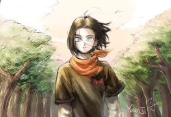 Rule 34 | 1boy, android, android 17, bandana, black hair, blue eyes, dragon ball, dragonball z, forest, highres, long sleeves, male focus, medium hair, nature, neckerchief, open mouth, red ribbon army, shirt, short hair, signature, solo, surprised, t-shirt, tree, upper body, user pkav2242, wide-eyed, wind