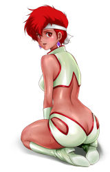 Rule 34 | 1980s (style), 1girl, ass, boots, butt crack, dark-skinned female, dark skin, dirty pair, earrings, full body, headband, highres, jewelry, kei (dirty pair), keso, knee boots, looking at viewer, looking back, oldschool, red eyes, red hair, retro artstyle, revealing clothes, seiza, short hair, simple background, sitting, smile, solo, sweat, tan, wariza, white background